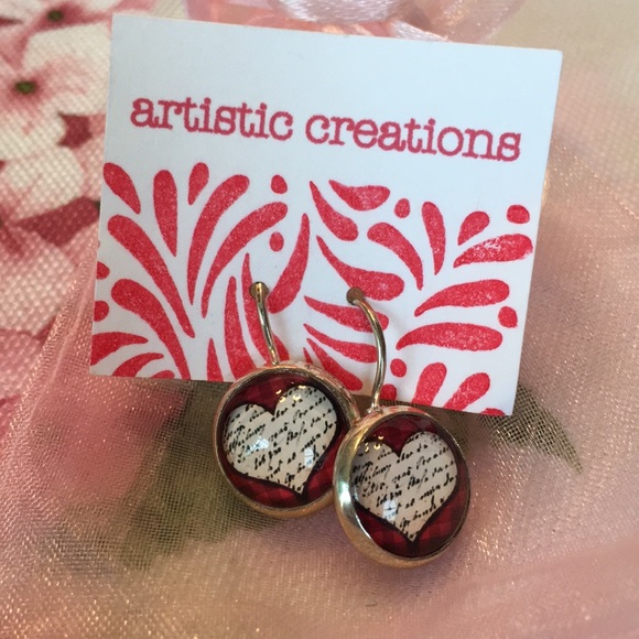 Artistic Creations Jewelry - Red Heart Glass Cabashon Pierced Earrings NWT Silver or chrome lever back 1”